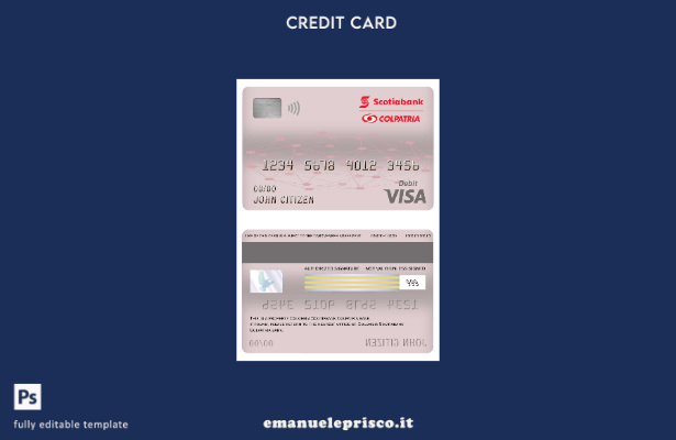 modello di carta di debito visto bancario Colombia Scotiabank Colpatria stile ve